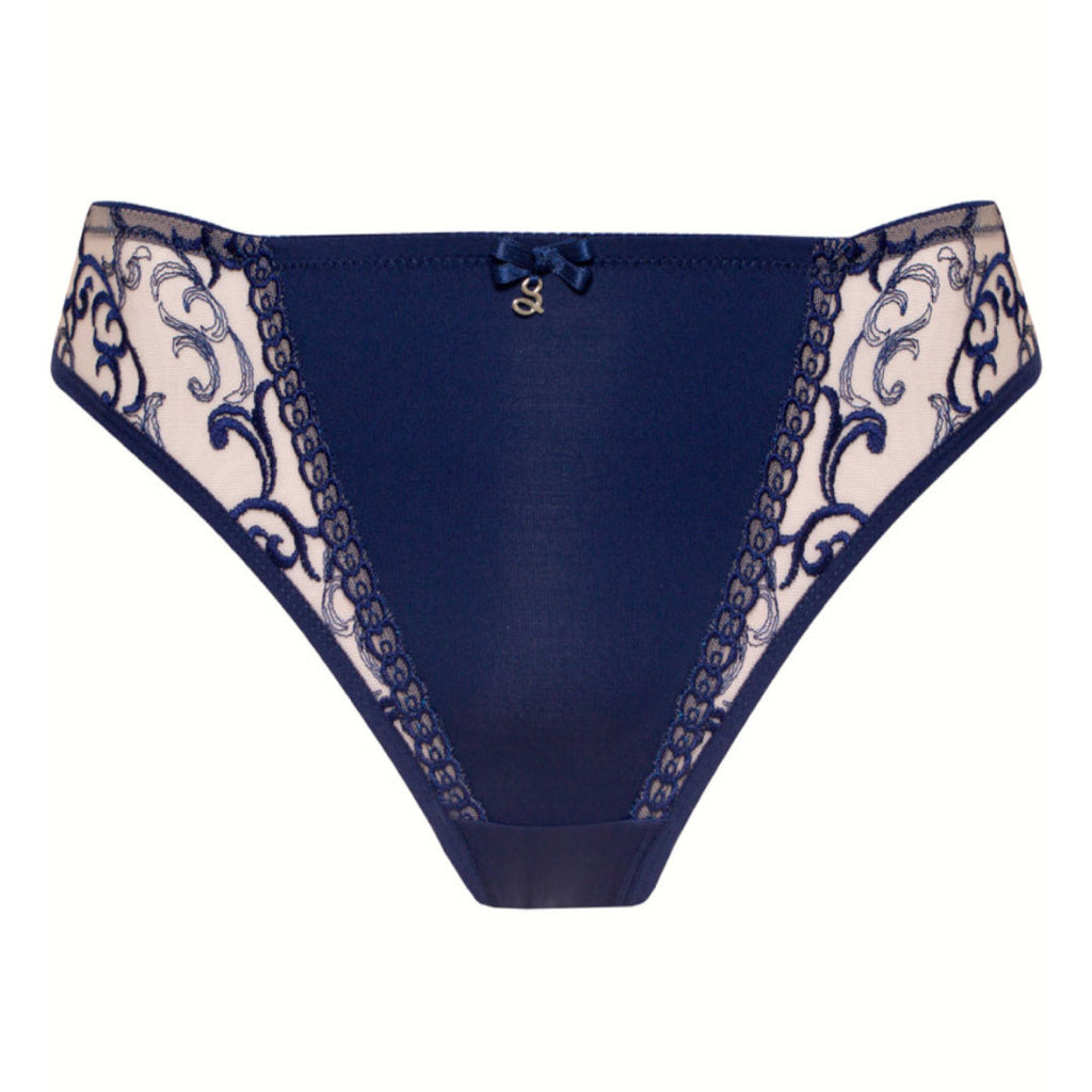 Samanta Hazel Navy Sheer Mesh Tulle Embroidered Tanga Panty
