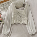 Vintage Women Thin Shirts Hollow Puff Sleeve Square Collar Slim Blouses Ladies Tops