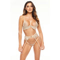 Beauty Night Rose Nude Sheer Lace Plunge Bra Garter Belt & Sexy G-String
