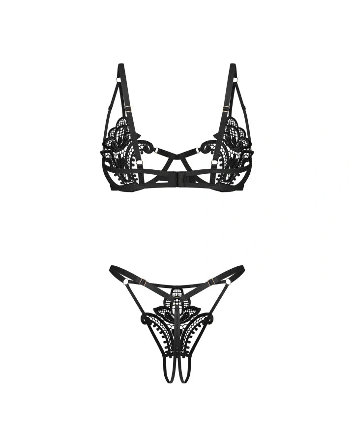 Obsessive Luise Sublim Black Lace Cut-Out Bra & Crotchless Thong Set
