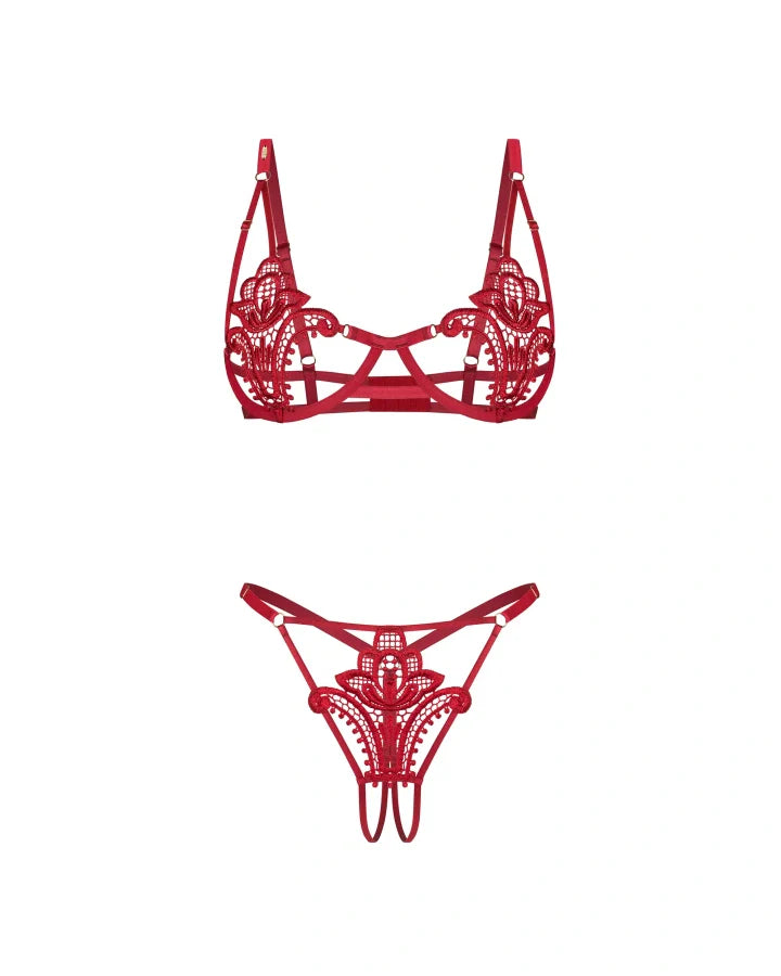 Obsessive Luise Sublim Red Lace Cut-Out Bra & Crotchless Thong Set
