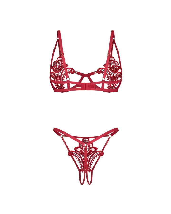 Obsessive Luise Sublim Red Lace Cut-Out Bra & Crotchless Thong Set