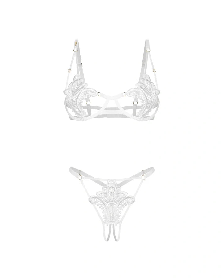 Obsessive Luise Sublim White Lace Open Cup Bra & Crotchless Thong Set