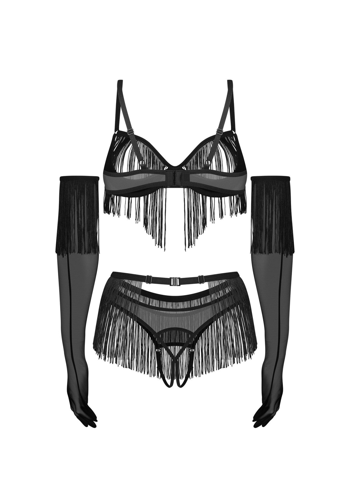 Obsessive Midnight Tease Rossay Black Open Cup Bra Crotchless Panties 4-pcs Set